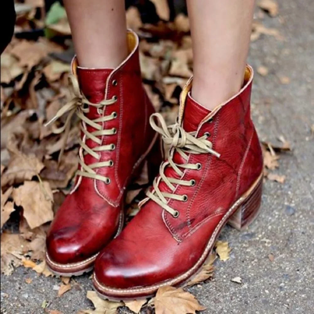 Frye Sabrina 6G Burgundy Vintage Leather Combat Lace Up Block Heel Ankle Boots - Picture 1 of 12